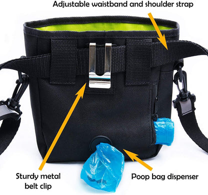 Dog Training Treat Pouch with Poop Bag Dispenser, Professional Clicker, Collapsible Travel Bowl, and Reflective Shoulder Strap - Black/Green