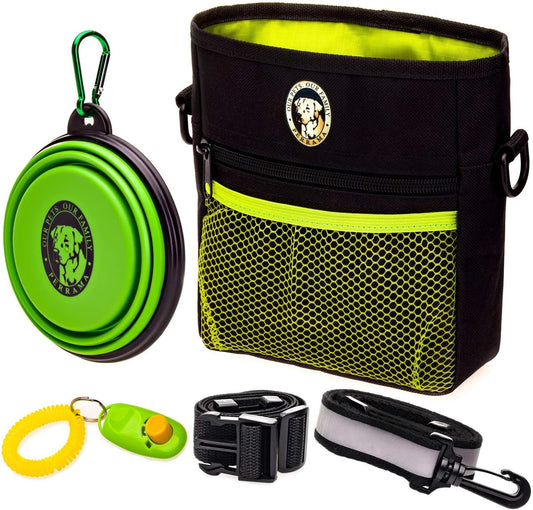 Dog Training Treat Pouch with Poop Bag Dispenser, Professional Clicker, Collapsible Travel Bowl, and Reflective Shoulder Strap - Black/Green