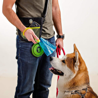 Dog Training Treat Pouch with Poop Bag Dispenser, Professional Clicker, Collapsible Travel Bowl, and Reflective Shoulder Strap - Black/Green