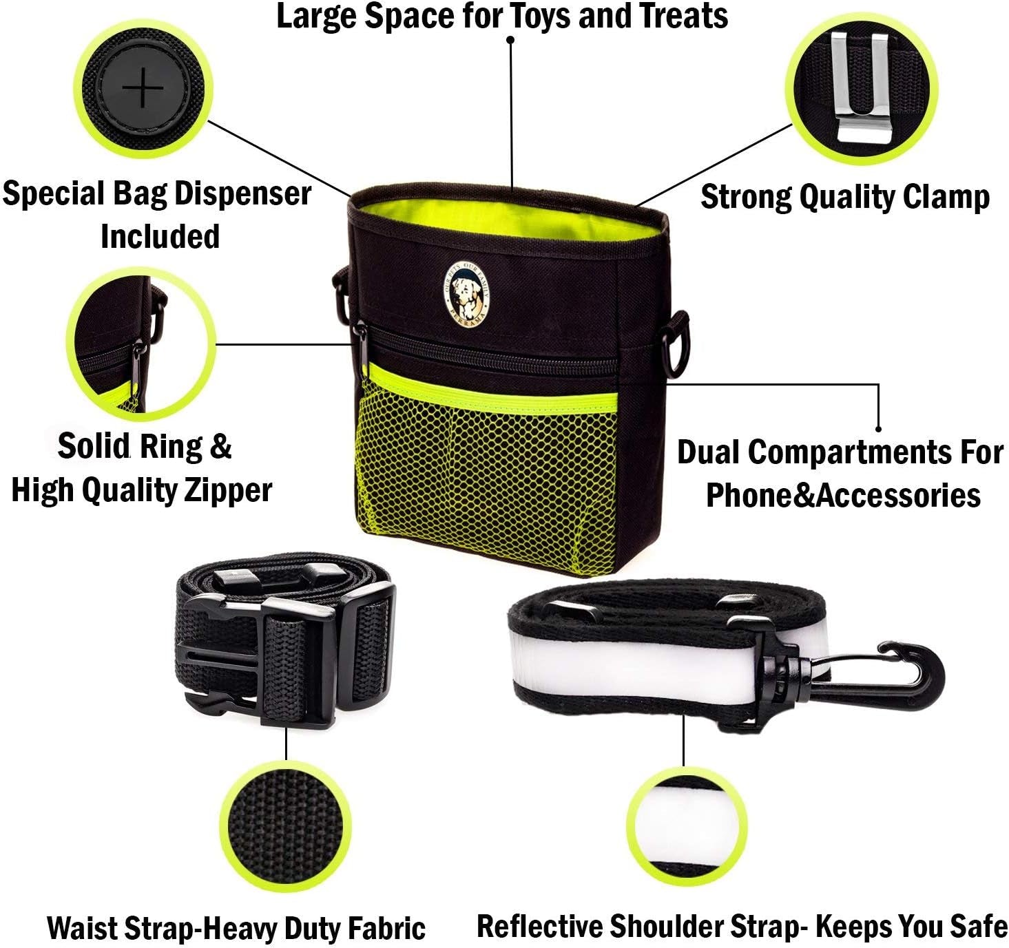 Dog Training Treat Pouch with Poop Bag Dispenser, Professional Clicker, Collapsible Travel Bowl, and Reflective Shoulder Strap - Black/Green