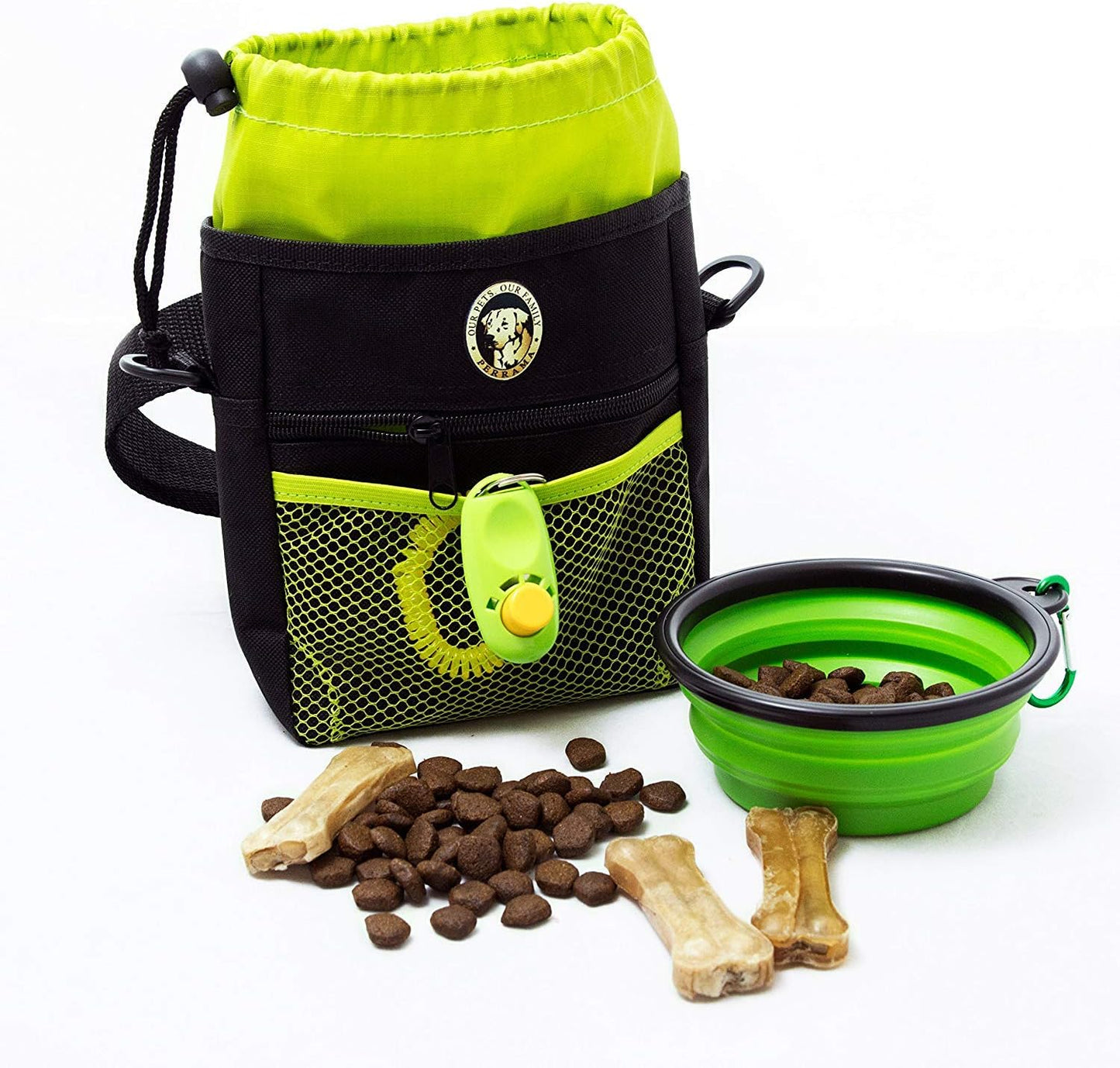 Dog Training Treat Pouch with Poop Bag Dispenser, Professional Clicker, Collapsible Travel Bowl, and Reflective Shoulder Strap - Black/Green