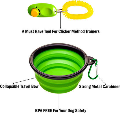 Dog Training Treat Pouch with Poop Bag Dispenser, Professional Clicker, Collapsible Travel Bowl, and Reflective Shoulder Strap - Black/Green